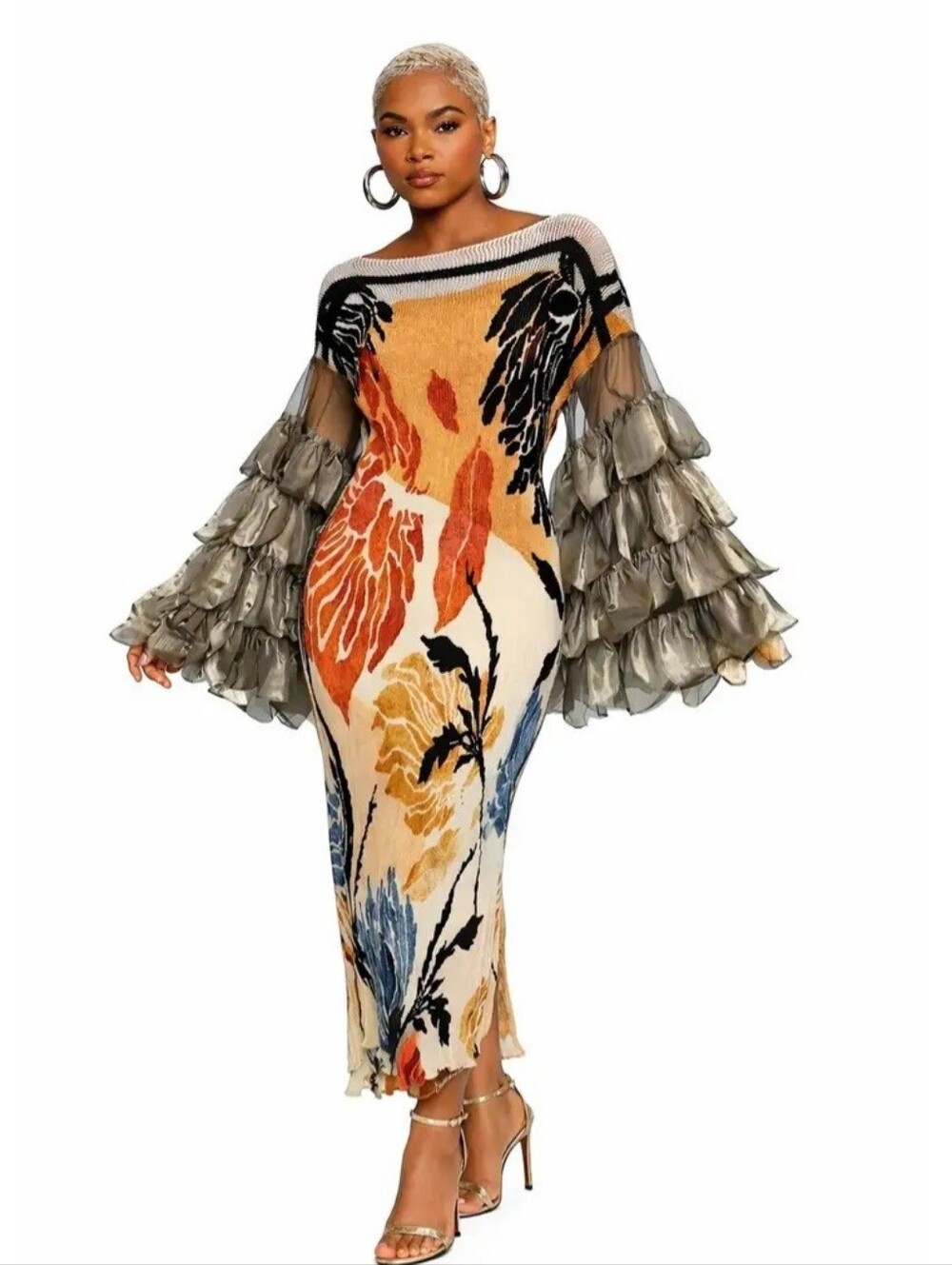 Floral/ Golden Ruffle-Sleeve Midi Dress in Beige and Olive